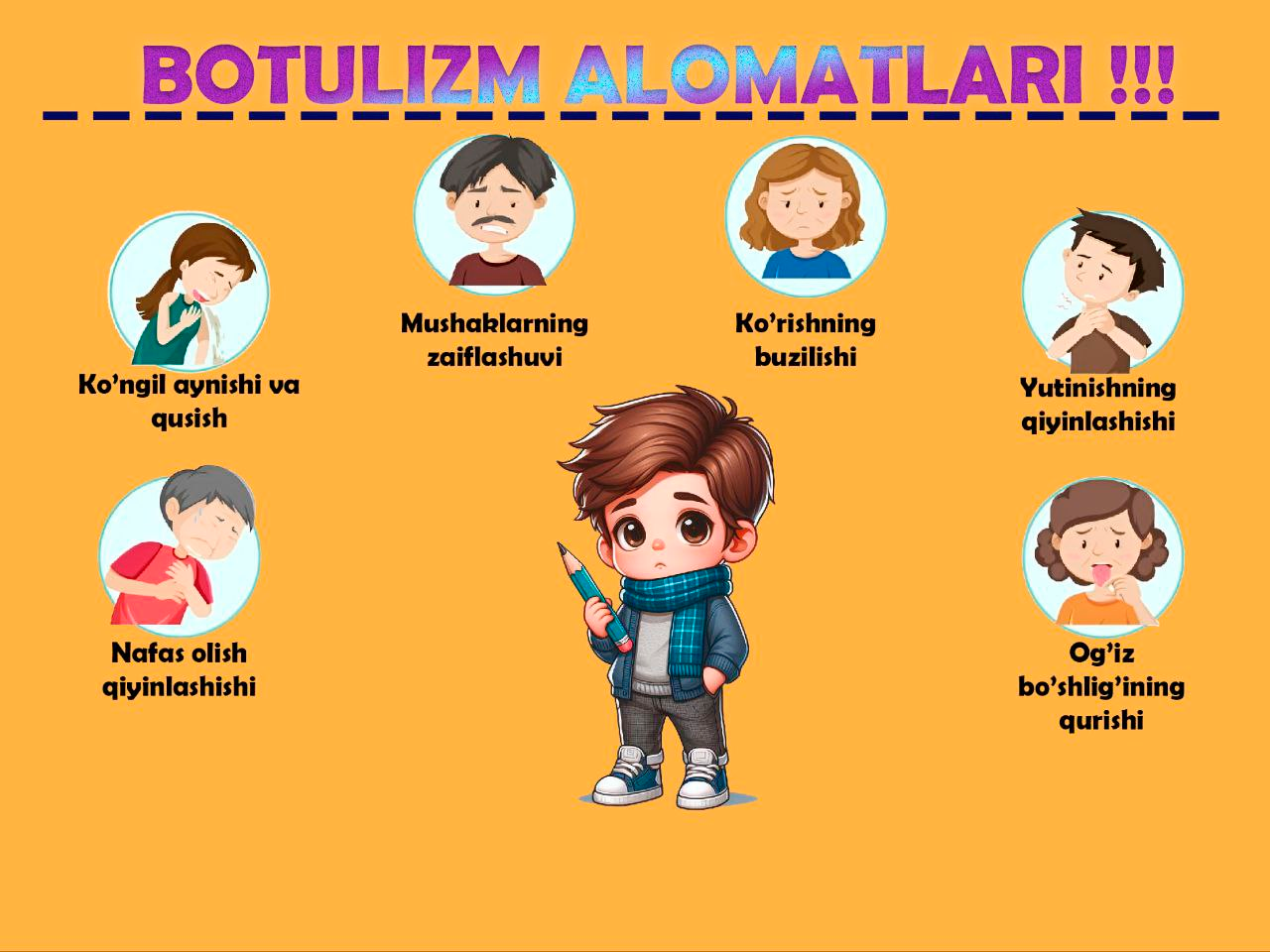 Oziq-ovqat mahsulotlaridan zaharlanishlarning ichida juda og’ir kechadigan kasalliklardan biri botulizmdir.